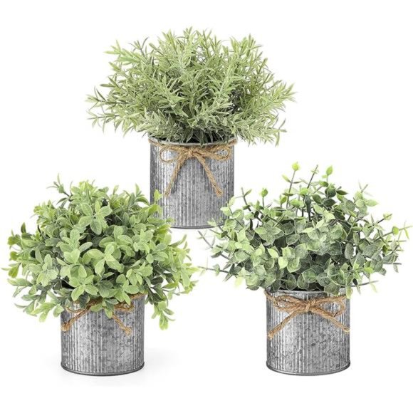Mini Fake Plants in Farmhouse Galvanized Metal Pots Table Centerpiece Rustic - Picture 1 of 7